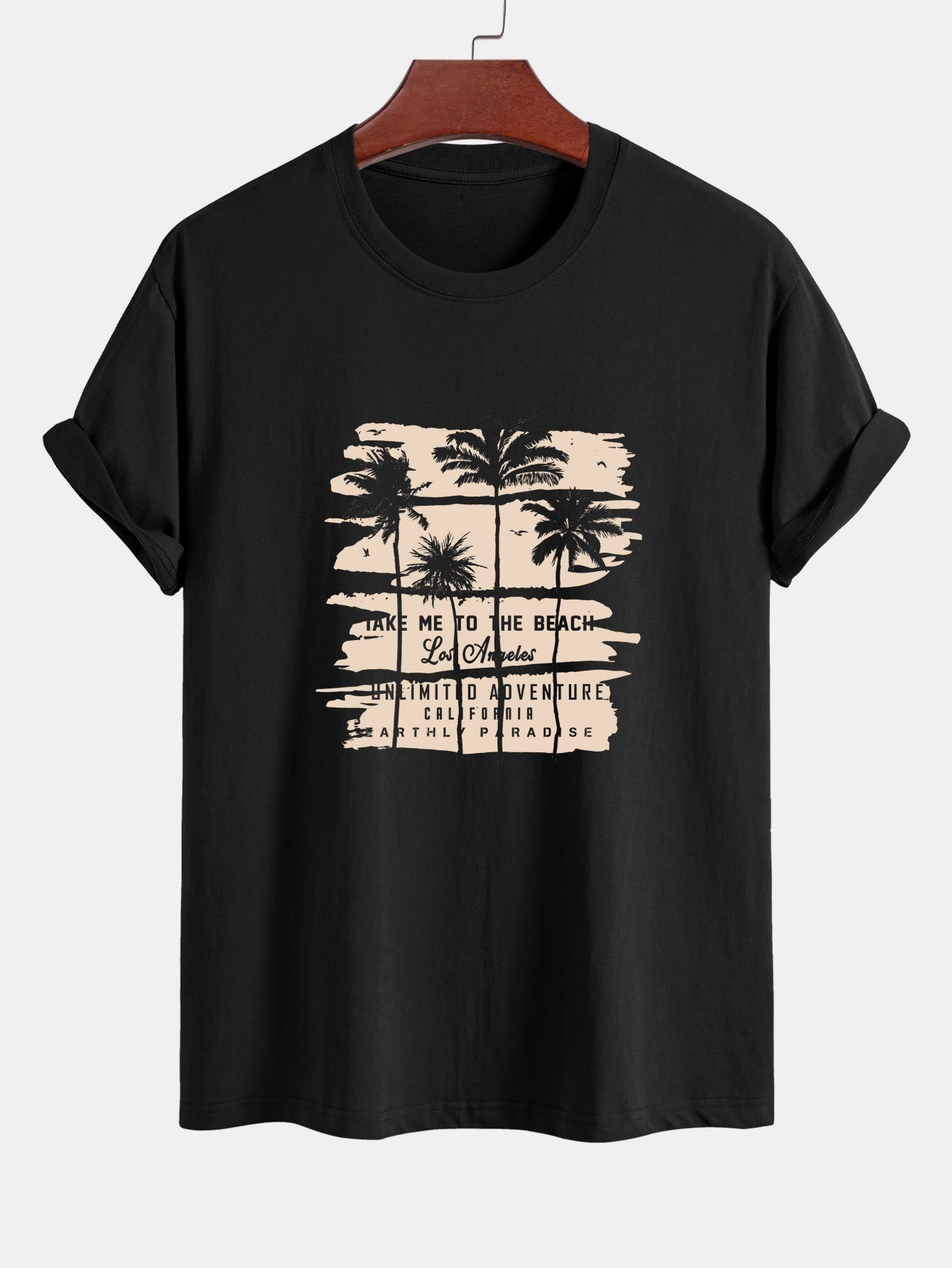 Regular Fit Beige Palm Tree Silhouette Print Cotton T-Shirt