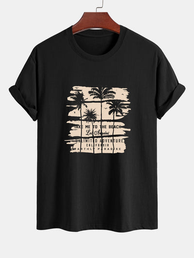 Regular Fit Beige Palm Tree Silhouette Print Cotton T-Shirt