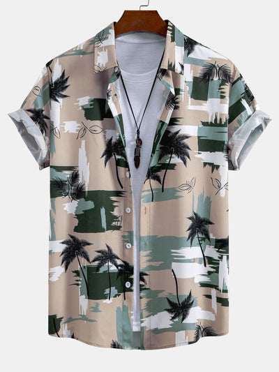 Palm Tree Color Block Print Button Up Shirt