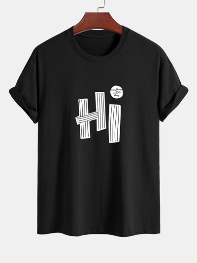 Regular Fit Hi Slogan Lines Print Cotton T-Shirt