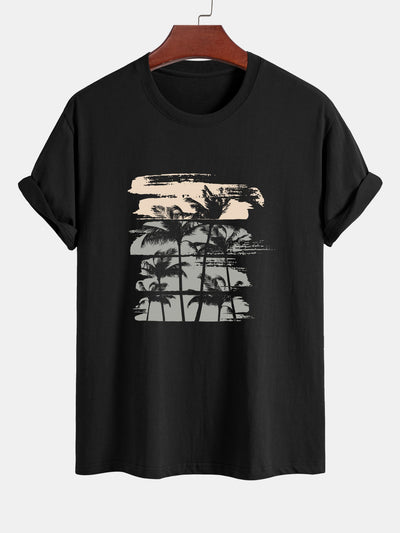 Regular Fit Beige Palm Tree Silhouette Print Cotton T-Shirt