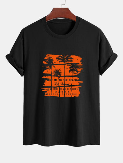 Regular Fit Orange Palm Tree Silhouette Print Cotton T-Shirt