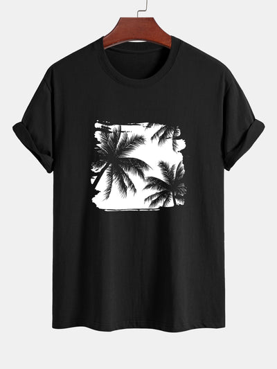 Regular Fit Palm Trees Silhouette Print Cotton T-Shirt