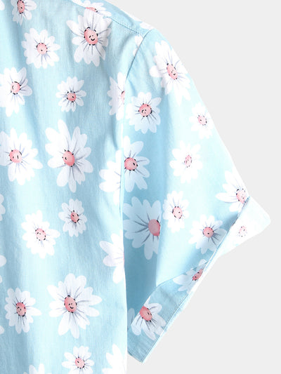 Men's Blue Daisy Floral Summer Button Up Hawaiian Short Sleeve Shirt