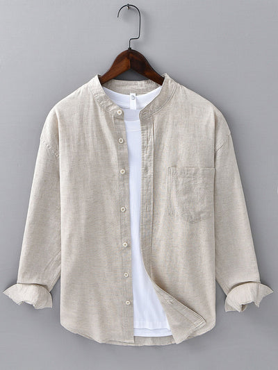 Long Sleeve Linen Cotton Stand Collar Shirt With Pocket