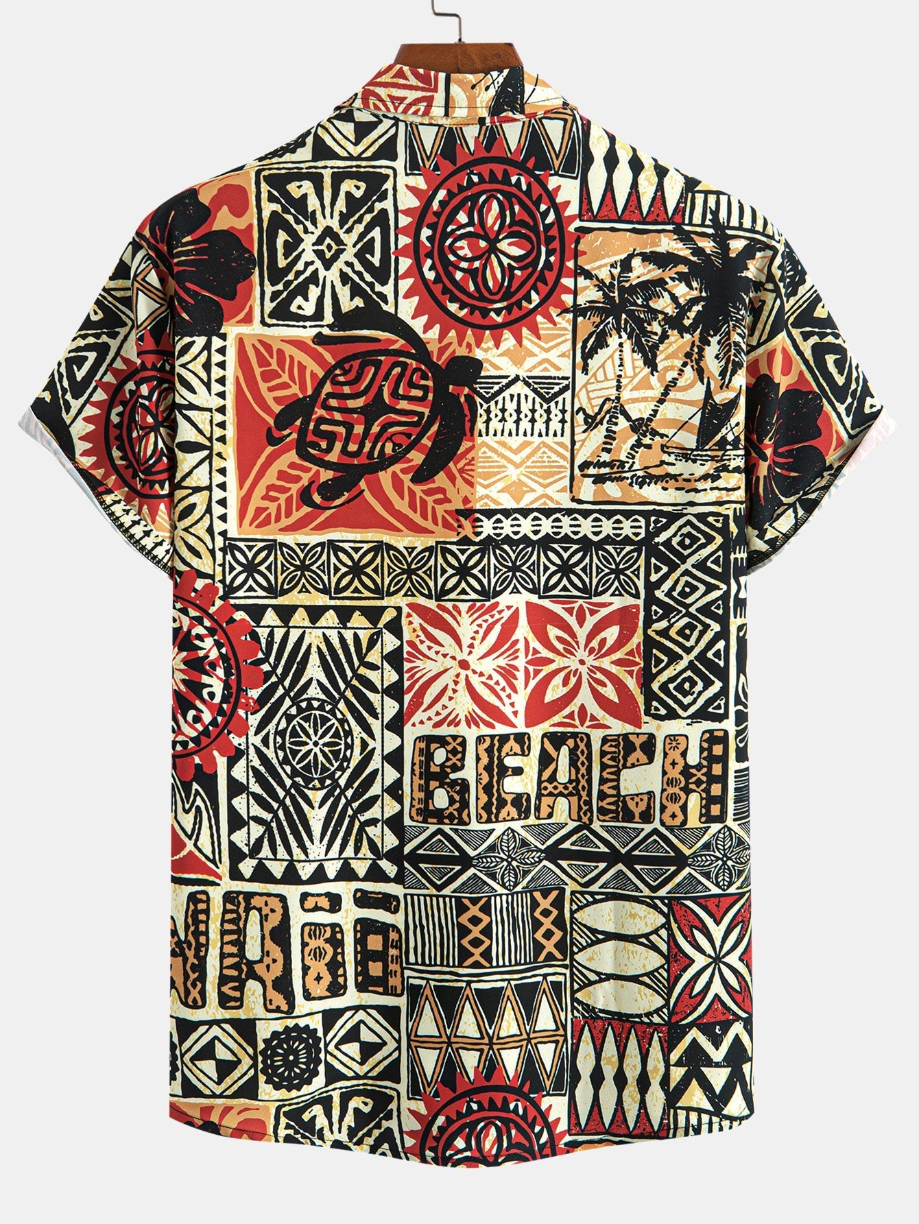 Palm Tree Turtle Ethnic Geometry Print Button Up Shirt