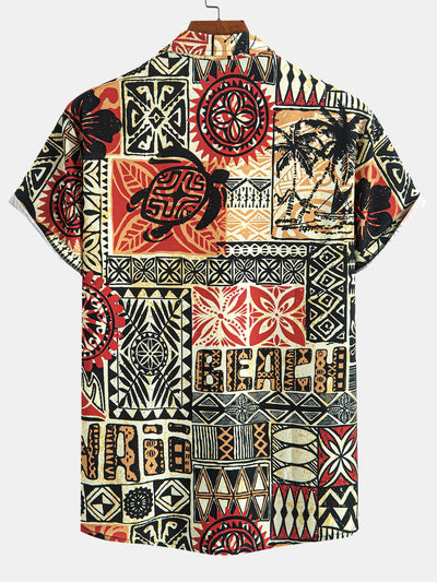 Palm Tree Turtle Ethnic Geometry Print Button Up Shirt