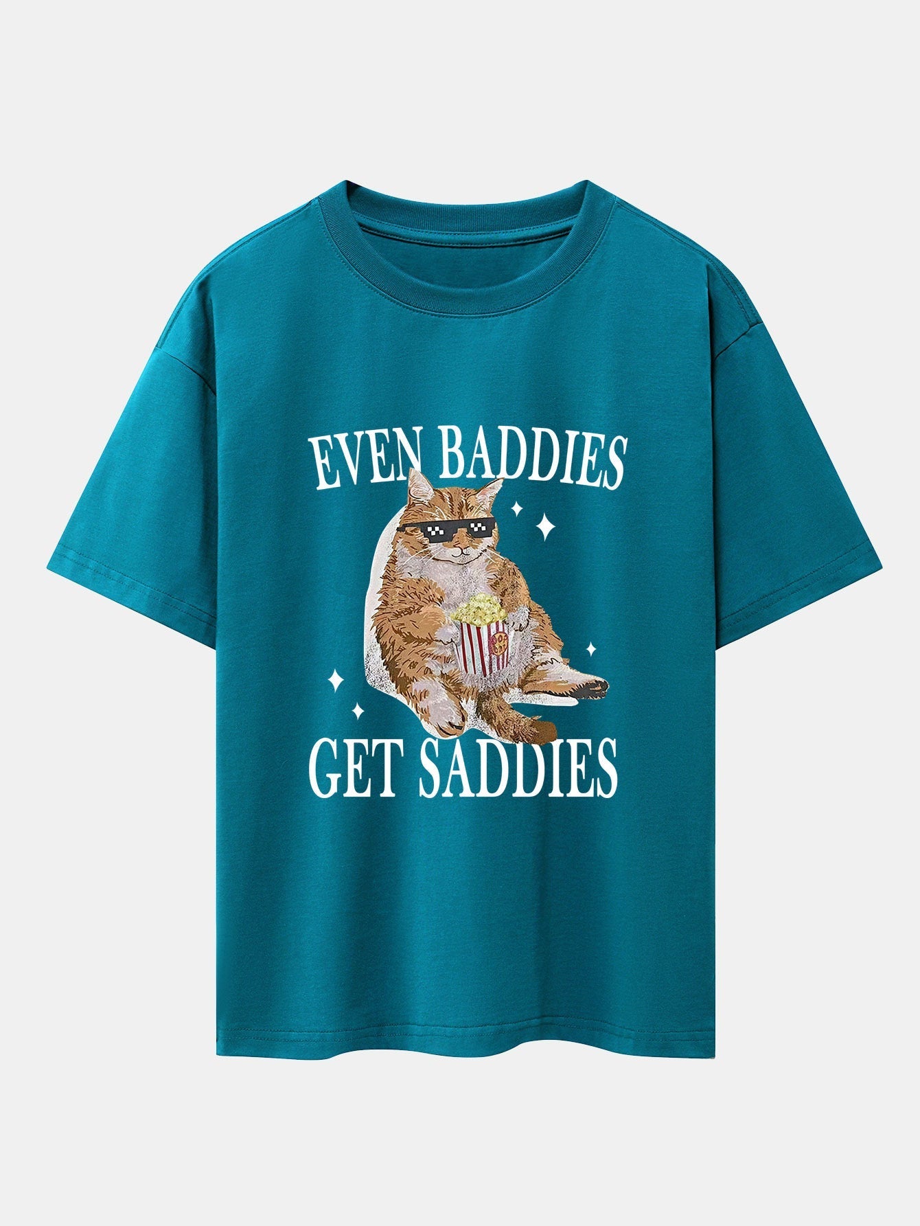 Even Baddies Get Saddies Cat Print Drop Shoulder Oversize T-Shirt