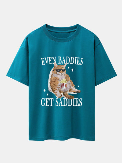 Even Baddies Get Saddies Cat Print Drop Shoulder Oversize T-Shirt