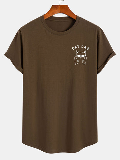 Cat Dad Print Cotton Arc Hem T-Shirt