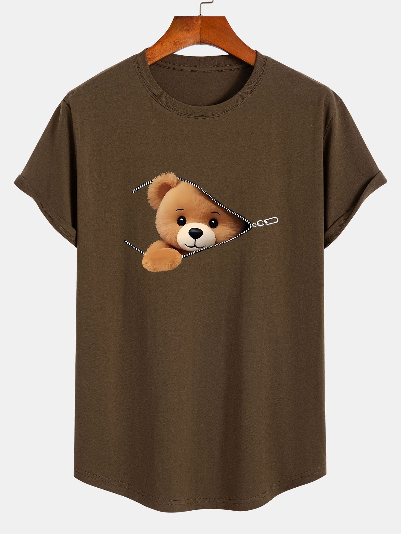 Zipper Bear Print Cotton Arc Hem T-Shirt