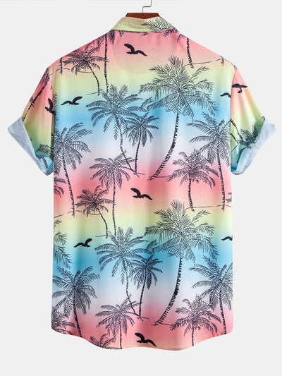 Palm Tree Seagull Print Button Up Shirt