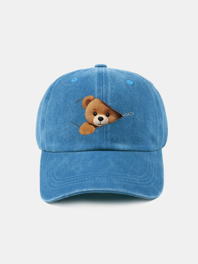 Zipper Bear Pattern Casual Washed Cotton Baseball Cap