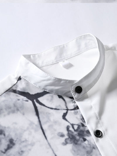 Traditional Oriental Ink Painting Print Stand Collar Shirt