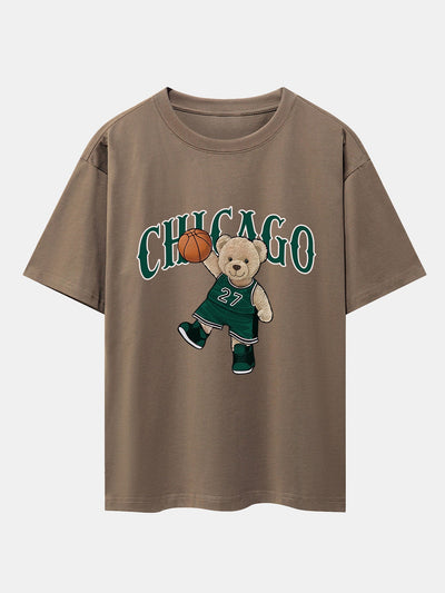 Chicago Basketball Bear Print Drop Shoulder Oversize T-Shirt