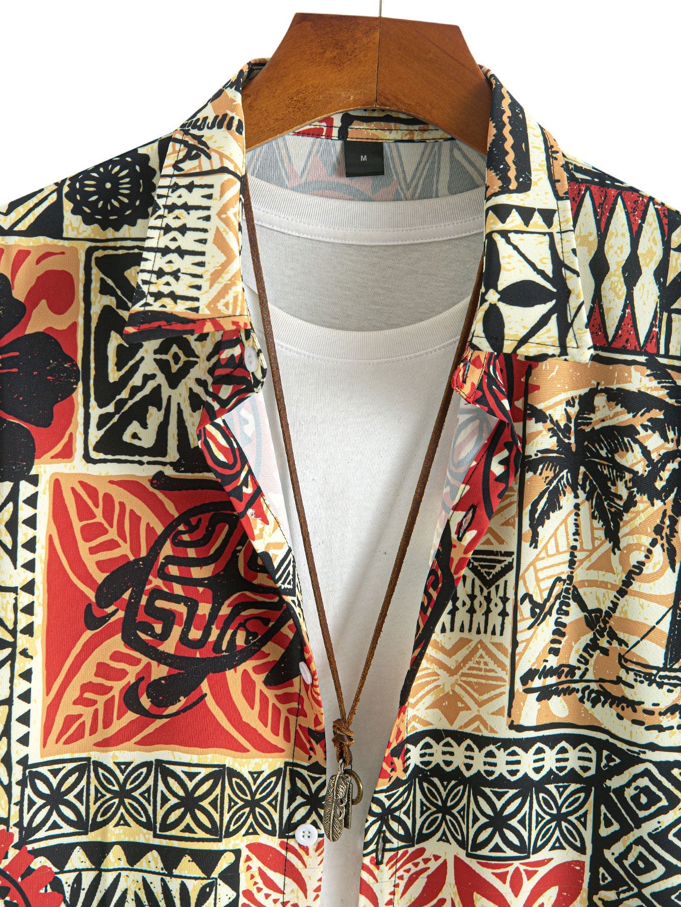 Palm Tree Turtle Ethnic Geometry Print Button Up Shirt