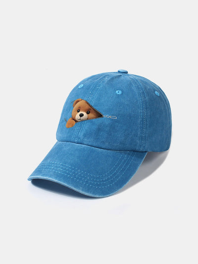 Zipper Bear Pattern Casual Washed Cotton Baseball Cap
