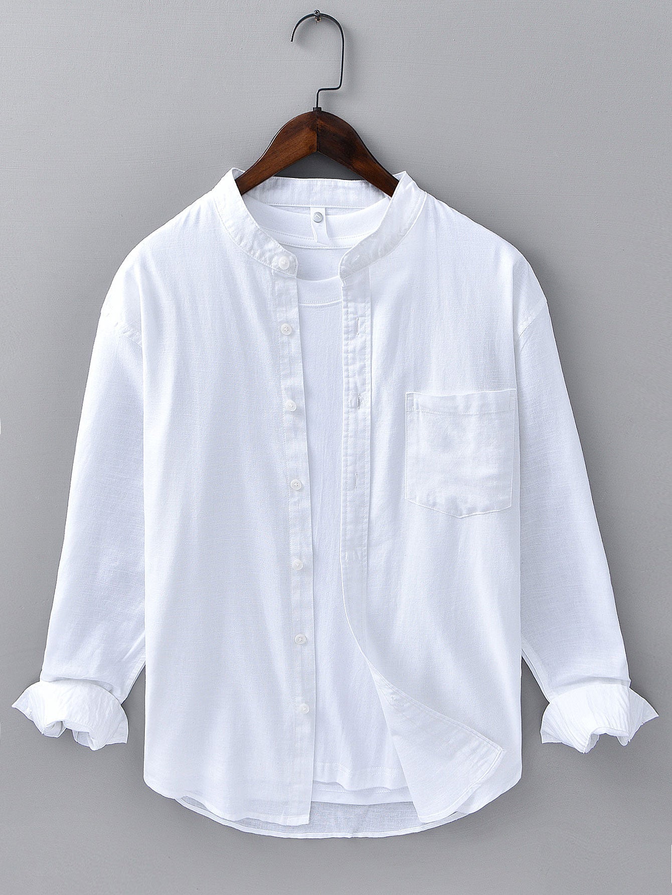 Long Sleeve Linen Cotton Stand Collar Shirt With Pocket