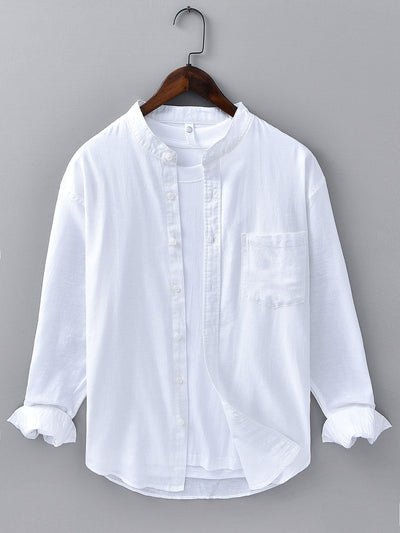 Long Sleeve Linen Cotton Stand Collar Shirt With Pocket