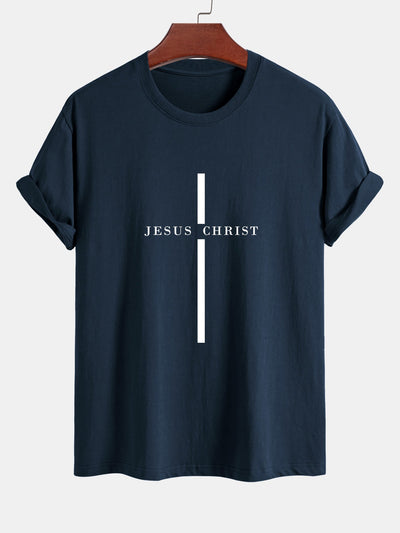 Regular Fit Jesus Christ Stripe Print Cotton T-Shirt