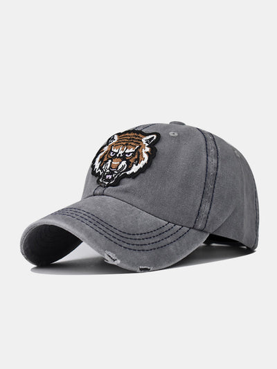 Street Fashion Tiger Embroidery Washed Distressed Baseball Cap