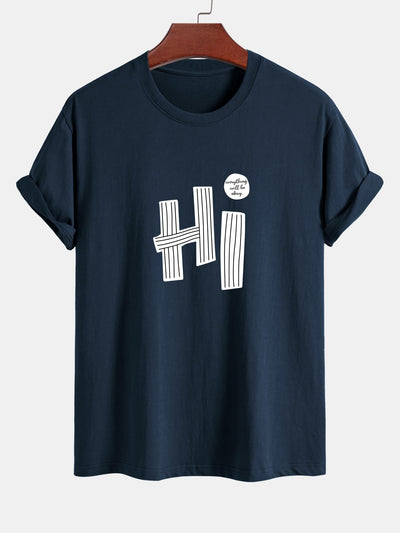 Regular Fit Hi Slogan Lines Print Cotton T-Shirt