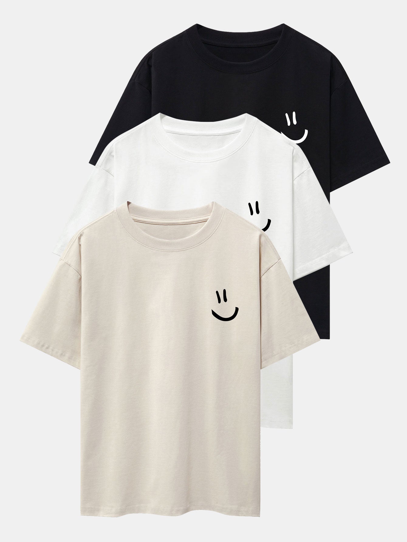 3 Pieces Smiley Face Print Drop Shoulder Oversize T-Shirts