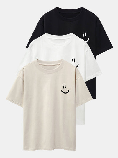 3 Pieces Smiley Face Print Drop Shoulder Oversize T-Shirts