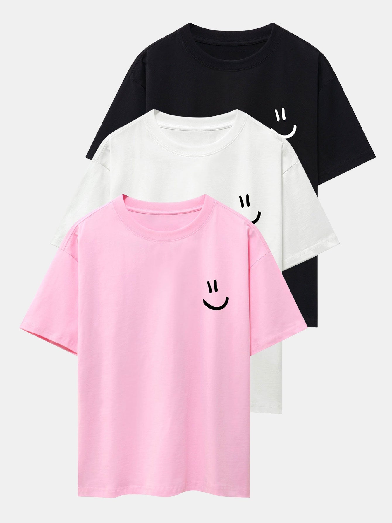 3 Pieces Smiley Face Print Drop Shoulder Oversize T-Shirts