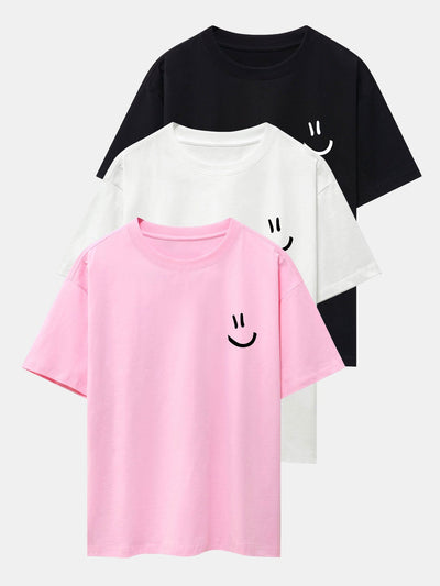 3 Pieces Smiley Face Print Drop Shoulder Oversize T-Shirts