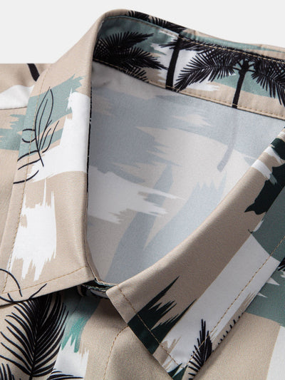 Palm Tree Color Block Print Button Up Shirt