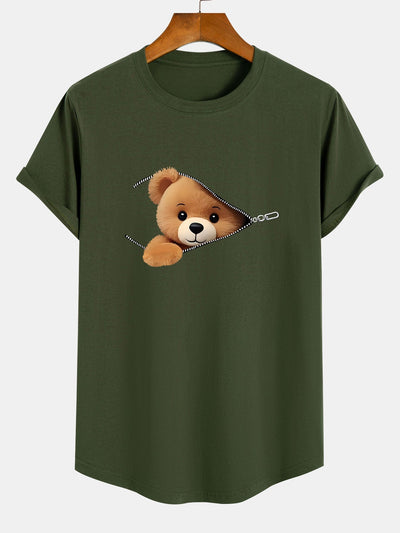 Zipper Bear Print Cotton Arc Hem T-Shirt