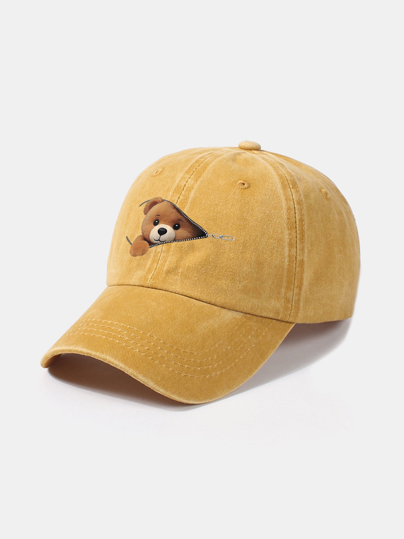 Zipper Bear Pattern Casual Washed Cotton Baseball Cap