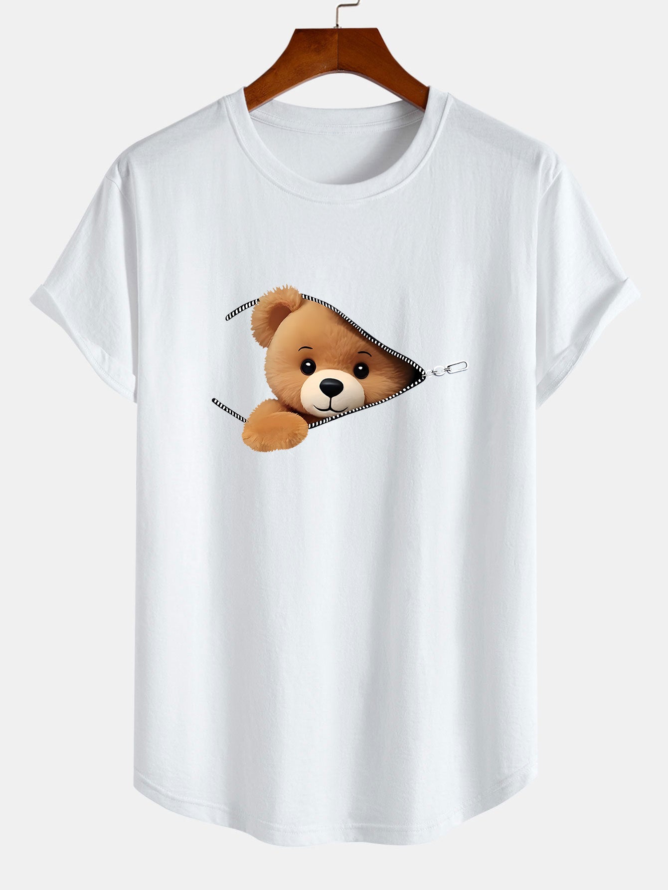 Zipper Bear Print Cotton Arc Hem T-Shirt