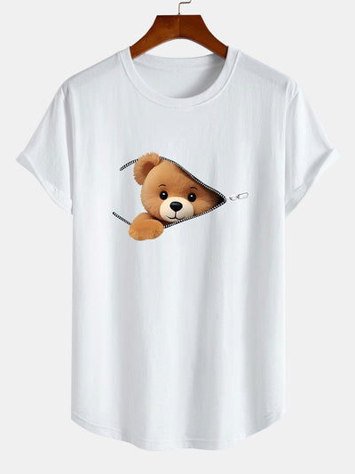 Zipper Bear Print Cotton Arc Hem T-Shirt
