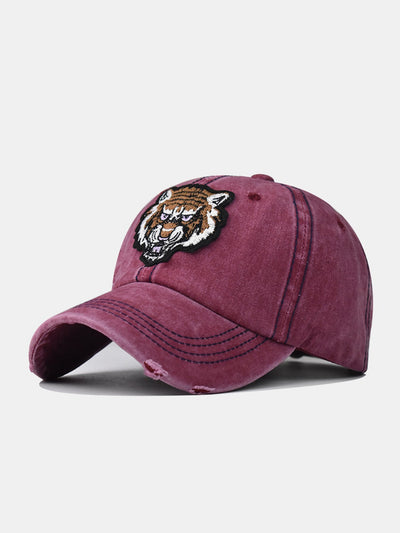Street Fashion Tiger Embroidery Washed Distressed Baseball Cap