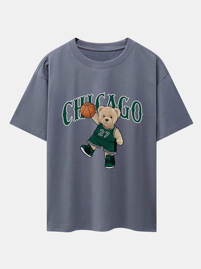 Chicago Basketball Bear Print Drop Shoulder Oversize T-Shirt