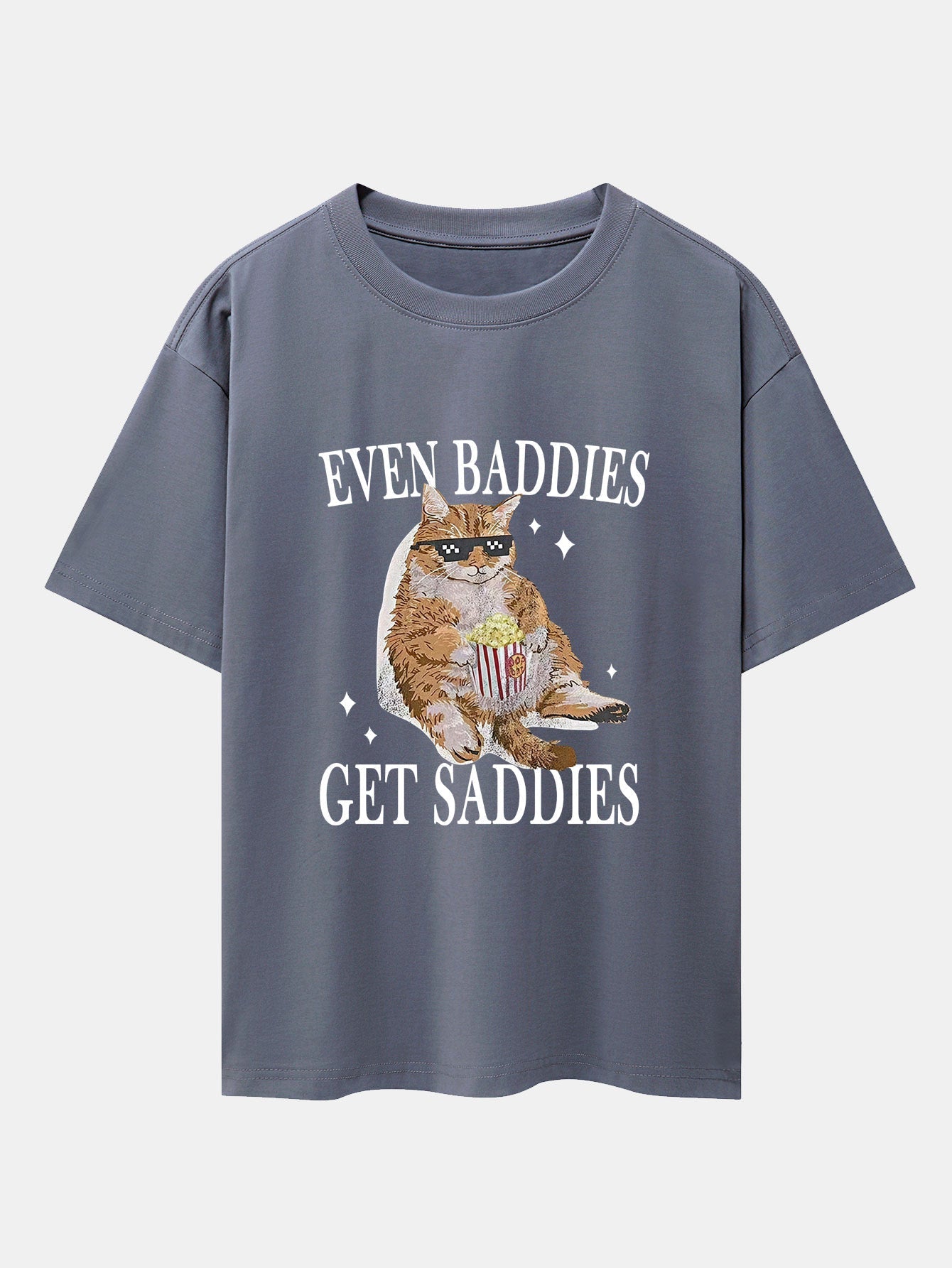 Even Baddies Get Saddies Cat Print Drop Shoulder Oversize T-Shirt