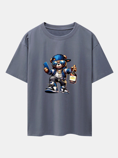 Hip Hop Bear Print Drop Shoulder Oversize T-Shirt