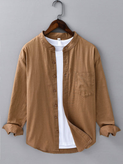Long Sleeve Linen Cotton Stand Collar Shirt With Pocket