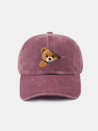 Zipper Bear Pattern Casual Washed Cotton Baseball Cap