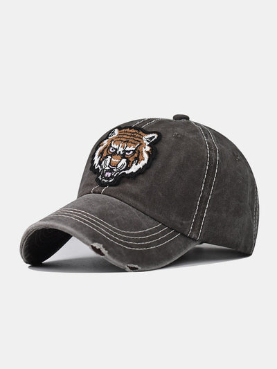 Street Fashion Tiger Embroidery Washed Distressed Baseball Cap