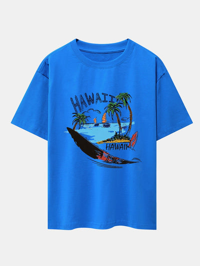 Hawaii Beach Print Drop Shoulder Oversize T-Shirt