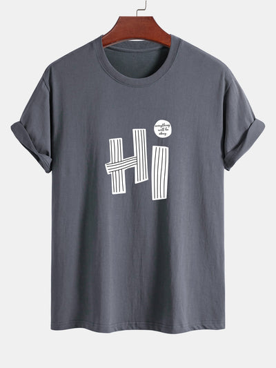 Regular Fit Hi Slogan Lines Print Cotton T-Shirt