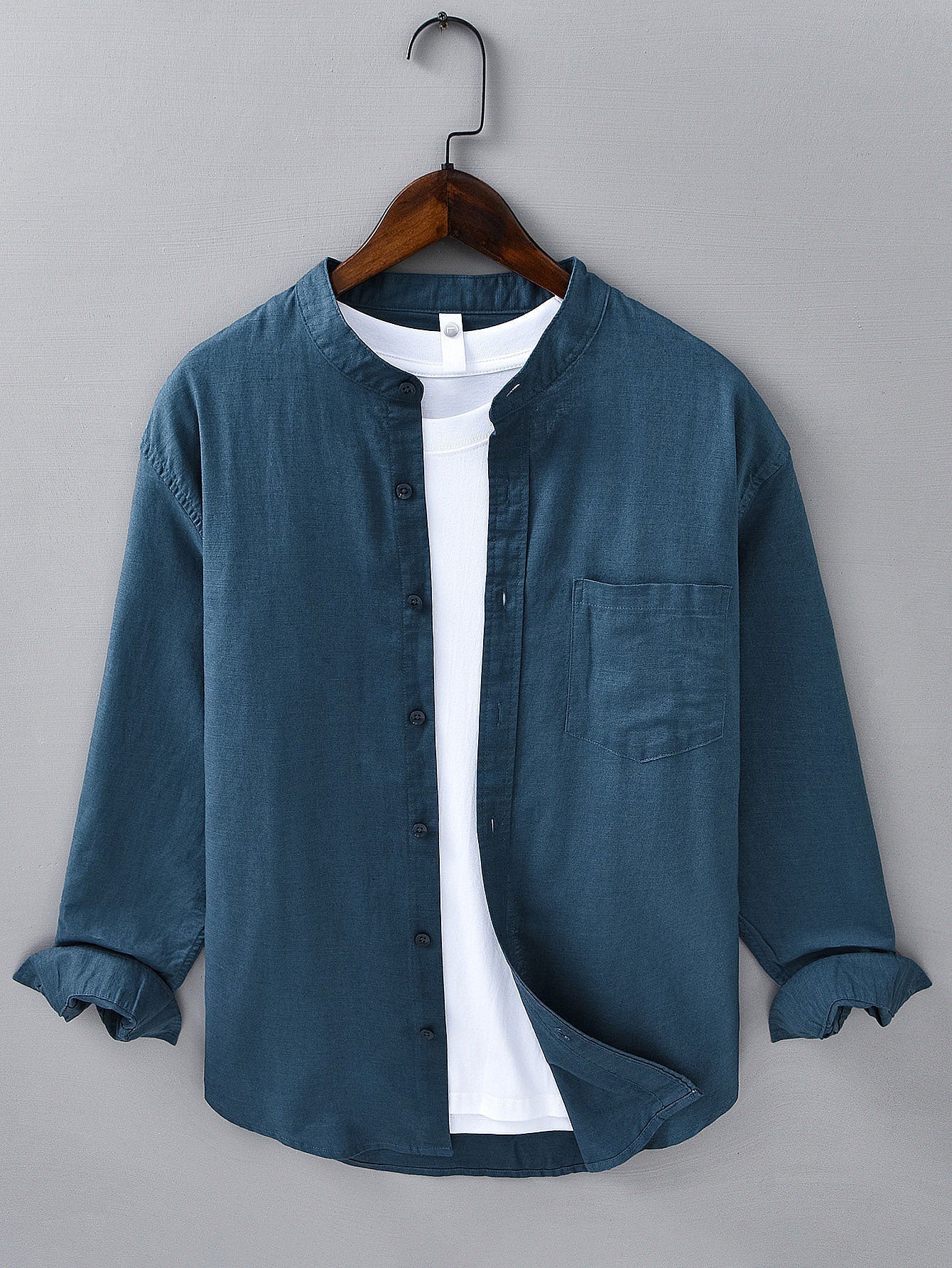 Long Sleeve Linen Cotton Stand Collar Shirt With Pocket