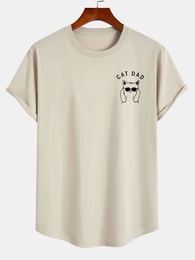 Cat Dad Print Cotton Arc Hem T-Shirt