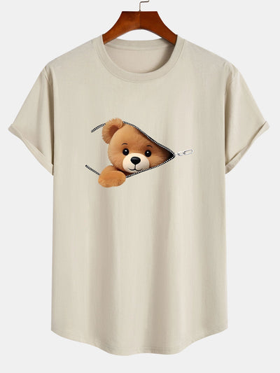 Zipper Bear Print Cotton Arc Hem T-Shirt