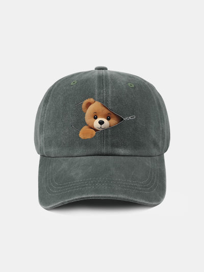 Zipper Bear Pattern Casual Washed Cotton Baseball Cap