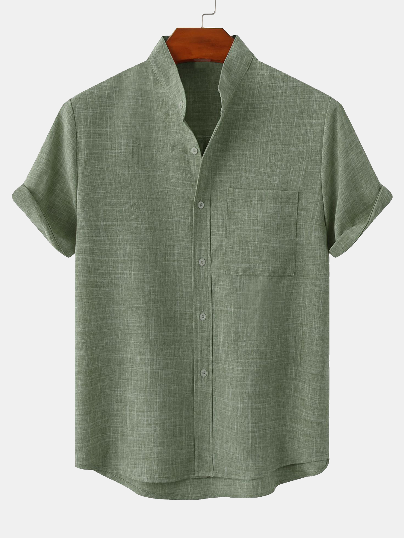 Man Stand Collar Shirt Whit Pocket