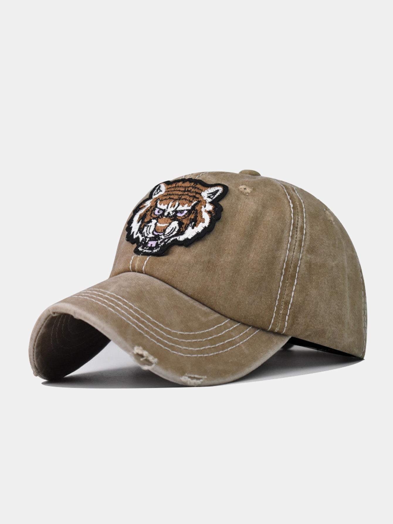 Street Fashion Tiger Embroidery Washed Distressed Baseball Cap